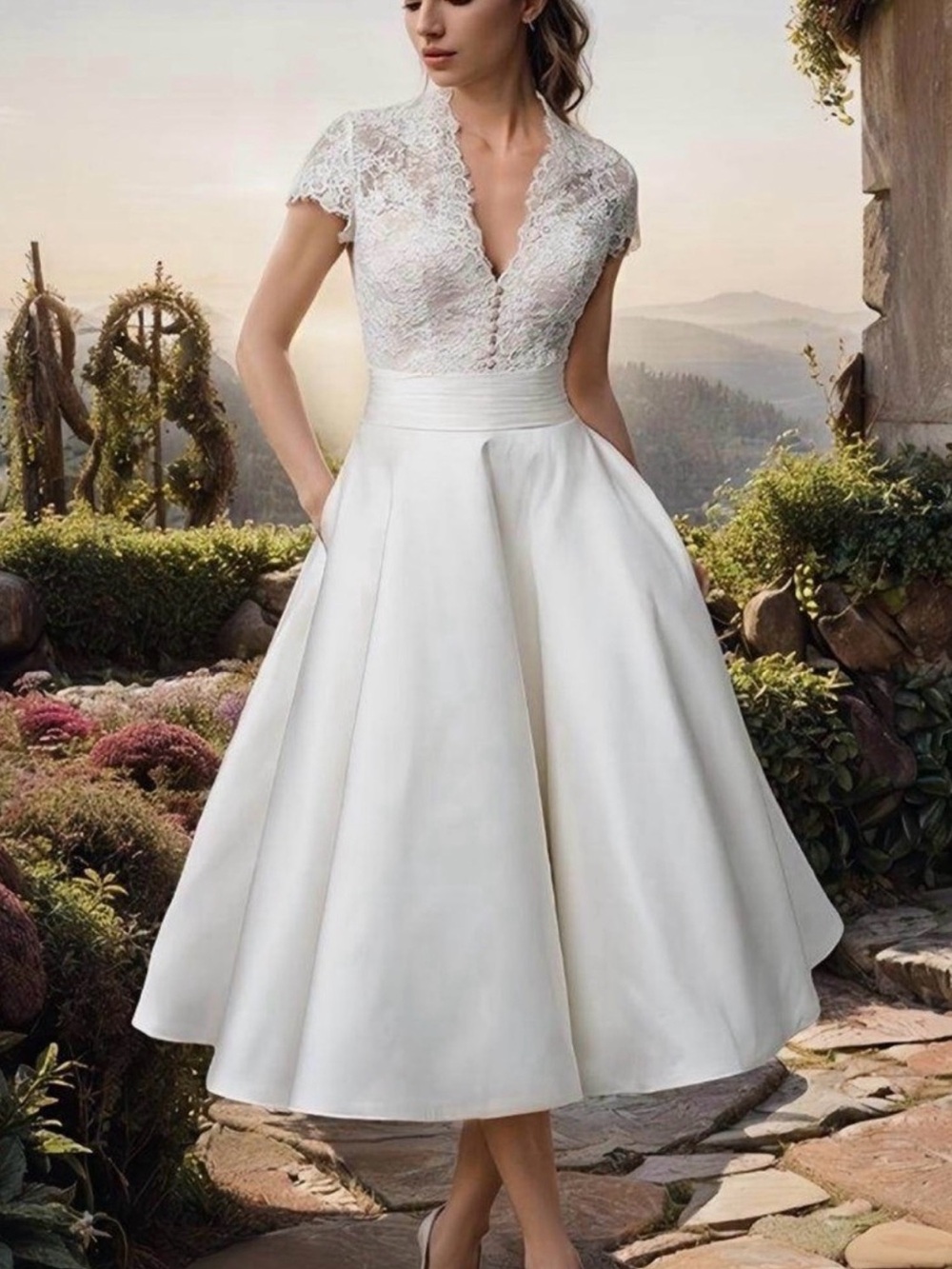 Elegant Lace Bodice Tea-Length Dress in White